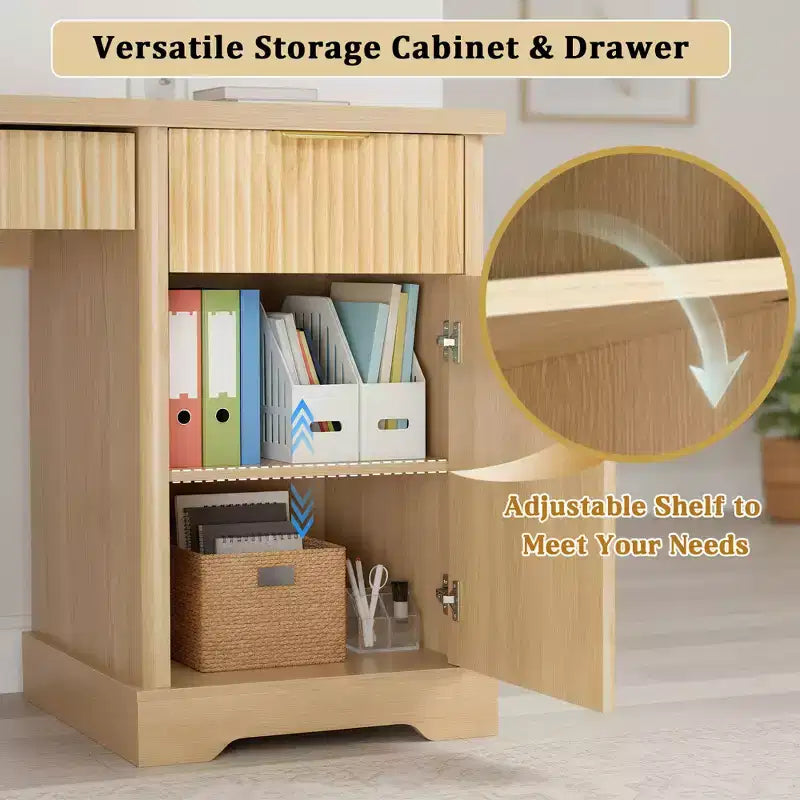 Bureau moderne cannelé GDFStudio Haoran 55 avec prise électrique, tablette pour clavier, porte et tiroirs