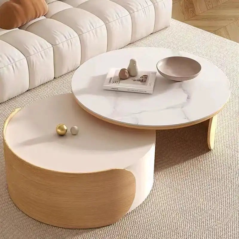 Table basse ronde moderne, plateau en pierre, bois naturel - 50 x 31,5