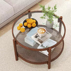 Table basse ronde de 31 po avec plateau en verre trempé et étagère en rotin