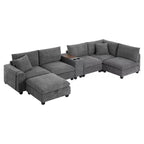 Canapé sectionnel modulaire surdimensionné Clihome 140 avec pouf de rangement mobile, porte-gobelet, siège large, chargeur USB, canapé en velours côtelé en forme de U à 6 places