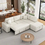 Canapé d'angle 4 places avec lit gigogne, pouf, ports USB et tablette rabattable