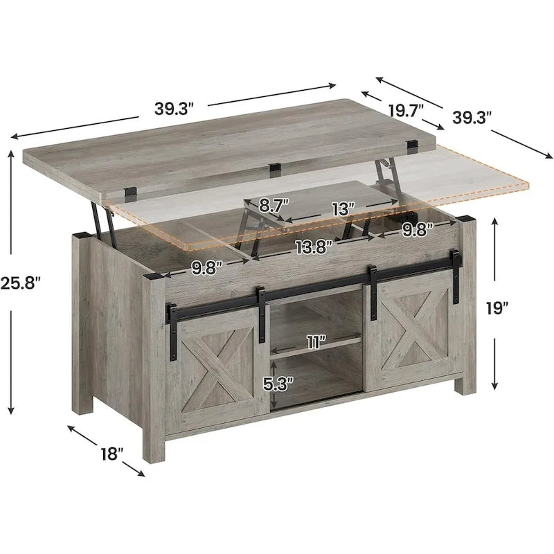 Table basse relevable 2 portes coulissantes style grange Table à manger avec rangement