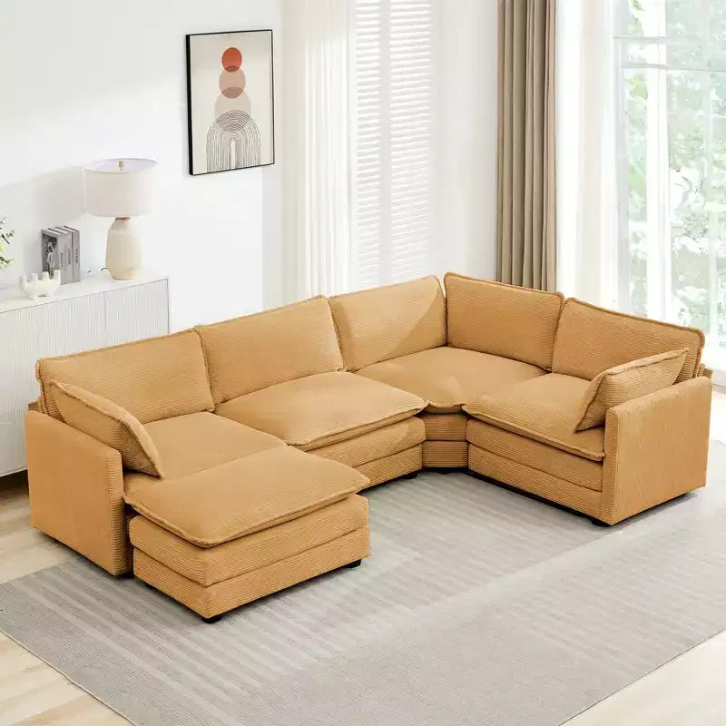 Canapé sectionnel modulaire moderne 5 places en velours côtelé, surdimensionné, 288 cm (L) x 201 cm (l), avec pouf, canapé en forme de U avec canapé d'angle, HYLEORY