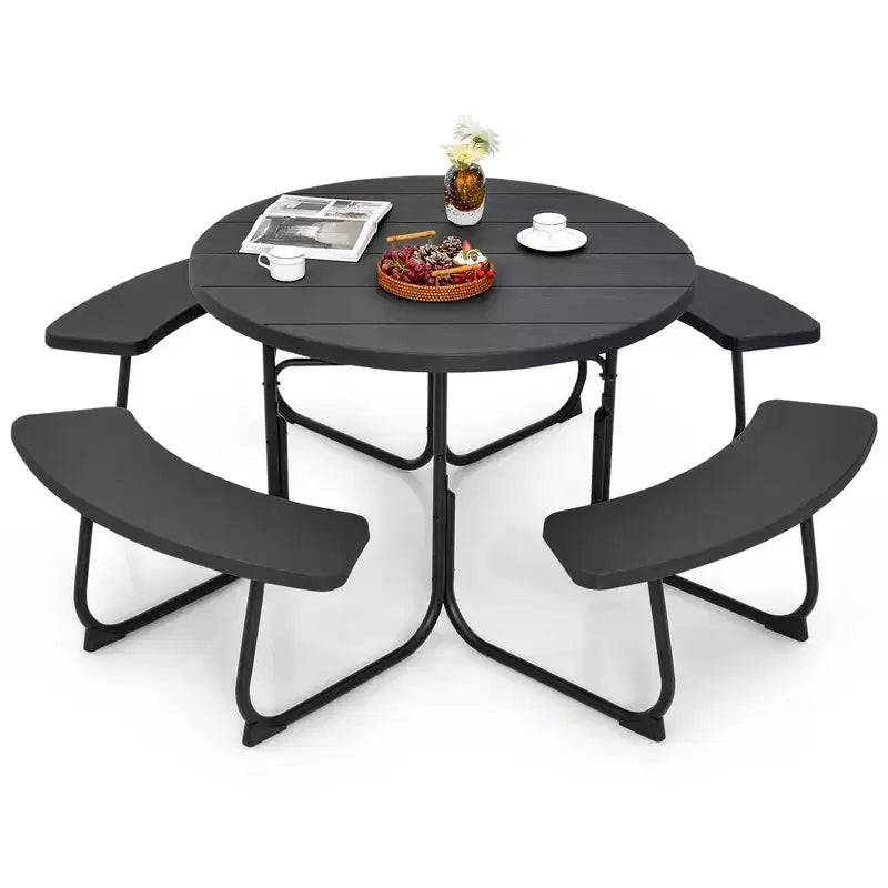 Costway Table de pique-nique ronde d'extérieur 8 places avec 4 bancs et trou pour parasol Noir/Gris/Vert/Blanc
