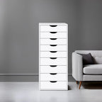 Étroite commode en bois à 9 tiroirs coulissants et étagère de rangement supérieure