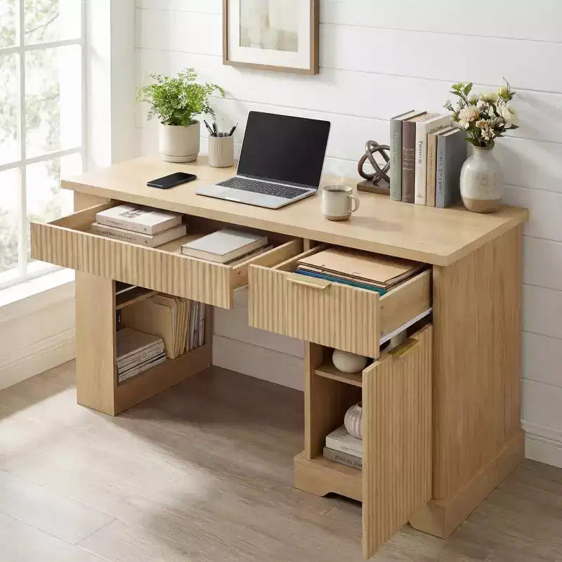 Bureau moderne cannelé GDFStudio Haoran 55 avec prise électrique, tablette pour clavier, porte et tiroirs
