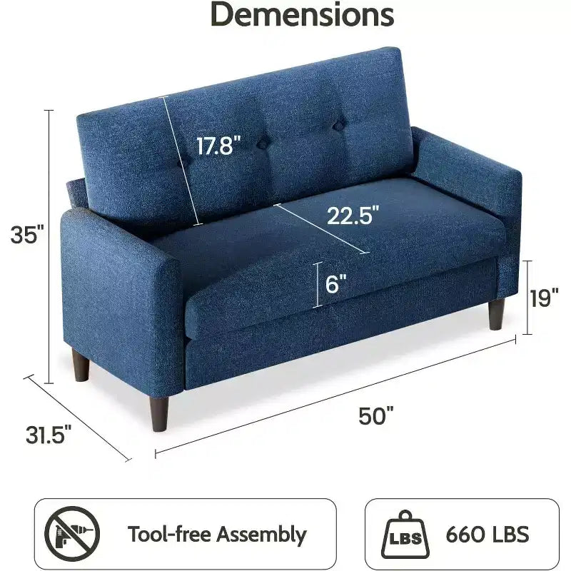 Dyonery 50, canapé Loveseat, 2 places pour bureau et petits espaces, assise profonde de 61 cm, cadre en bois massif certifié FSC, assemblage sans outils