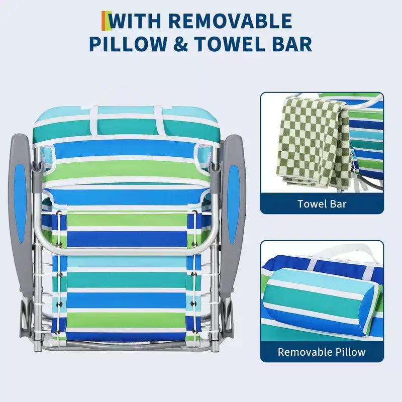 Chaise de plage pliante légère avec fonction sac à dos, inclinable à plat sur 5 positions, charge de 300 livres avec porte-gobelet, poche pour téléphone et barre porte-serviettes