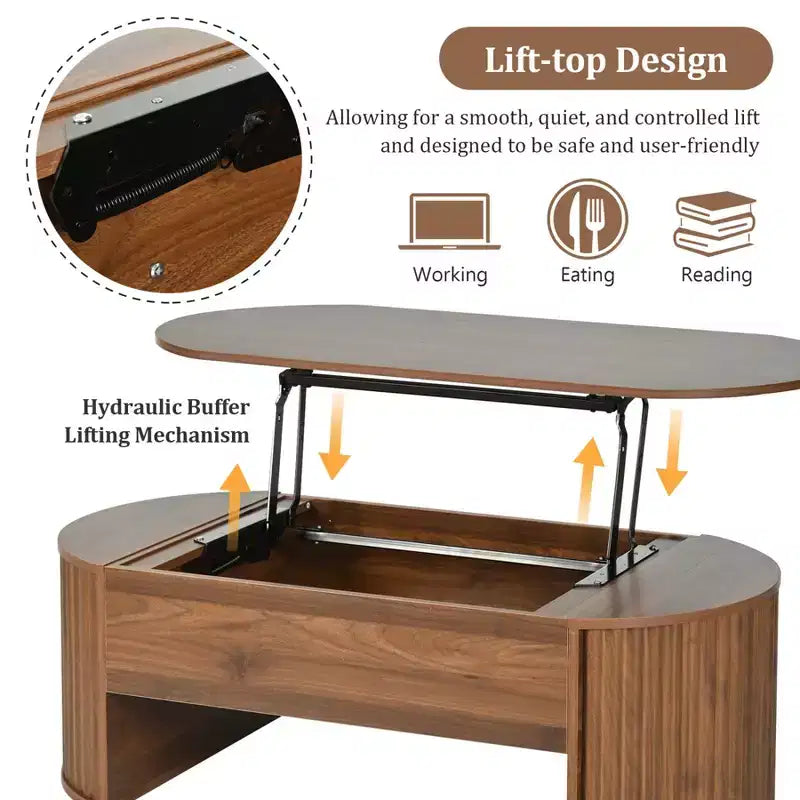Table basse relevable de 47,2 po, table de centre ovale en bois avec rangement caché, table de salon moderne pour salon, chambre à coucher, bureau
