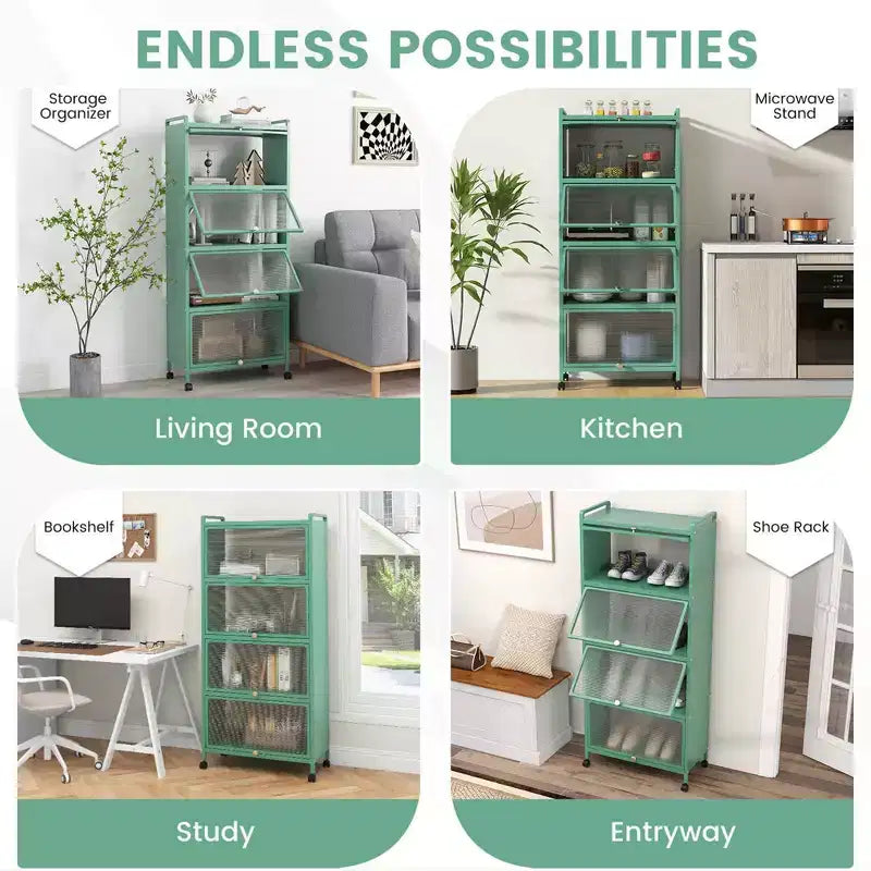 Meuble de rangement de cuisine Costway à 5 niveaux, desserte mobile pour micro-ondes avec portes basculantes, blanc/noir/gris/vert