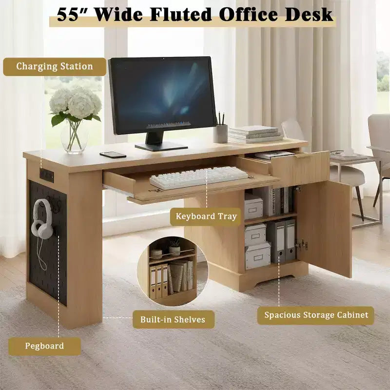 Bureau moderne cannelé GDFStudio Haoran 55 avec prise électrique, tablette pour clavier, porte et tiroirs