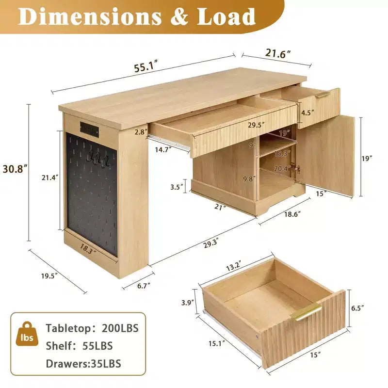 Bureau moderne cannelé GDFStudio Haoran 55 avec prise électrique, tablette pour clavier, porte et tiroirs