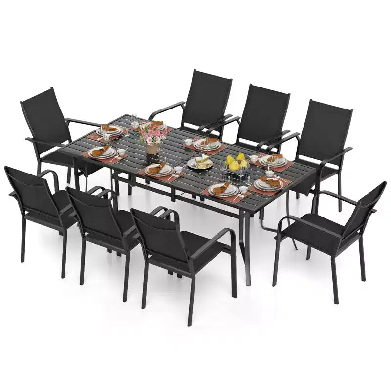 Ensemble de salle à manger Gymax 9 pièces pour patio avec table rectangulaire et chaises empilables avec trou pour parasol