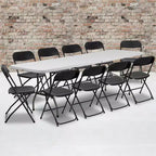 Ensemble Emma and Oliver de 8 tables pliantes en plastique blanc de type « bi-fold » pour événement/formation avec 10 chaises pliantes
