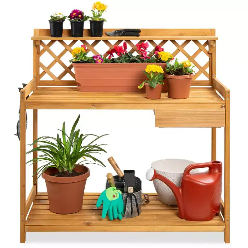 Table de rempotage de jardin en bois pour extérieur Best Choice Products, établi avec tiroir et étagère ouverte