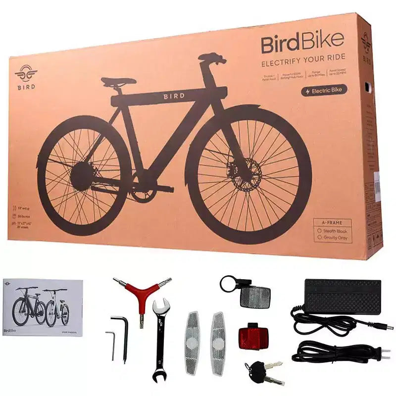 Vélo hybride électrique Bird Adult A-Frame 28, enjambement bas - Noir : Cadre en aluminium, vitesse maximale de 32 km/h