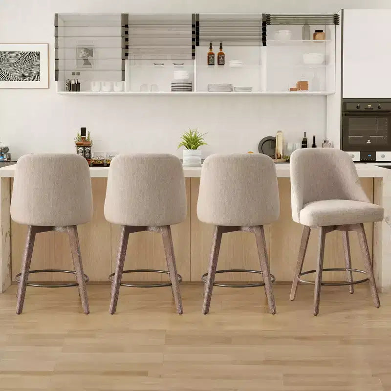 Lot de 4 tabourets de bar pivotants Bekrvio 26 pouces à hauteur de comptoir avec dossiers et pieds en bois, tabourets de bar rembourrés en tissu lin/similicuir pour îlot de cuisine